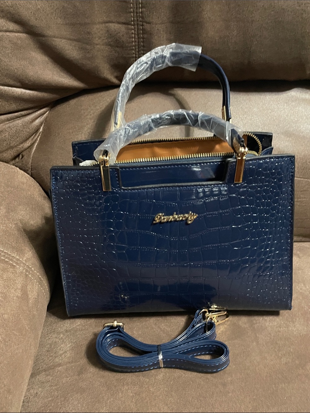 Croc-Embossed Navy Top-Handle Satchel with Removable Strap